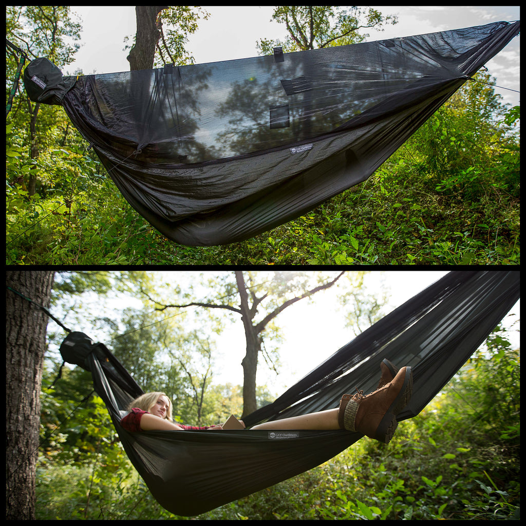 This camnping hammock by Go Outfitters quickly converts, so you can use it with or without the bug net. We've increased the length of the  two way zipper so you can flip the net out of the way when it's not needed.