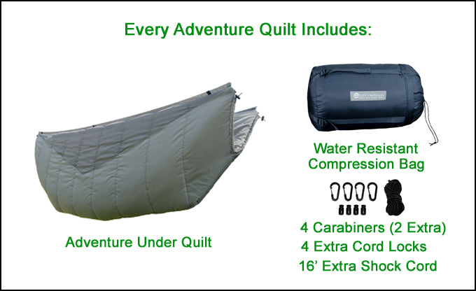Every Adventure Quilt Includes These Standard Accessories! One Compression Bag, 4 carabiners, 16' shock cord