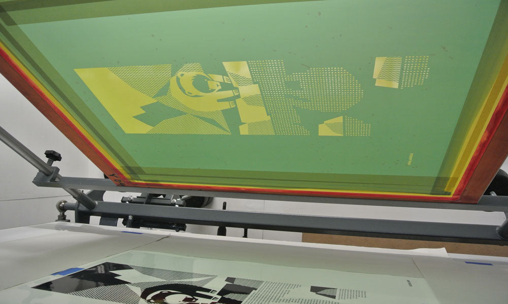 Bobbie Print Screen Print Studio, Printing new Winter Bear Wall Art, Exposed Screen.