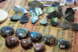 Polished Labradorite and Petrified Wood Hearts