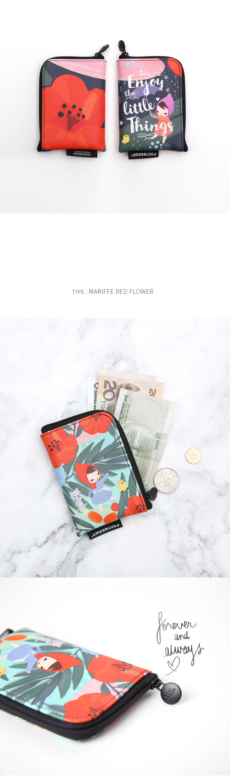 Mini Zip Wallet Pony Brown - Mariffe Red Flower