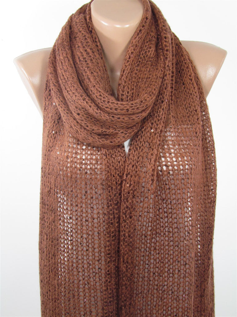 Knit Scarf Sequin Scarf Brown Cowl Scarf Cozy Fall Winter Fashion Christmas Gifts Women Fashion Accessory Gifts For Her For Mom For Grandma