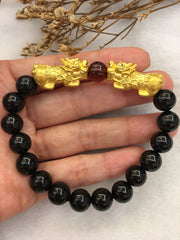 24k Pure Gold Pixiu With Black Jadeite Bracelet (BR208)