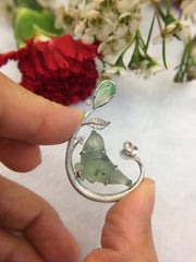 Icy Bluish Flower Jade Pendant - Bird (PE267)