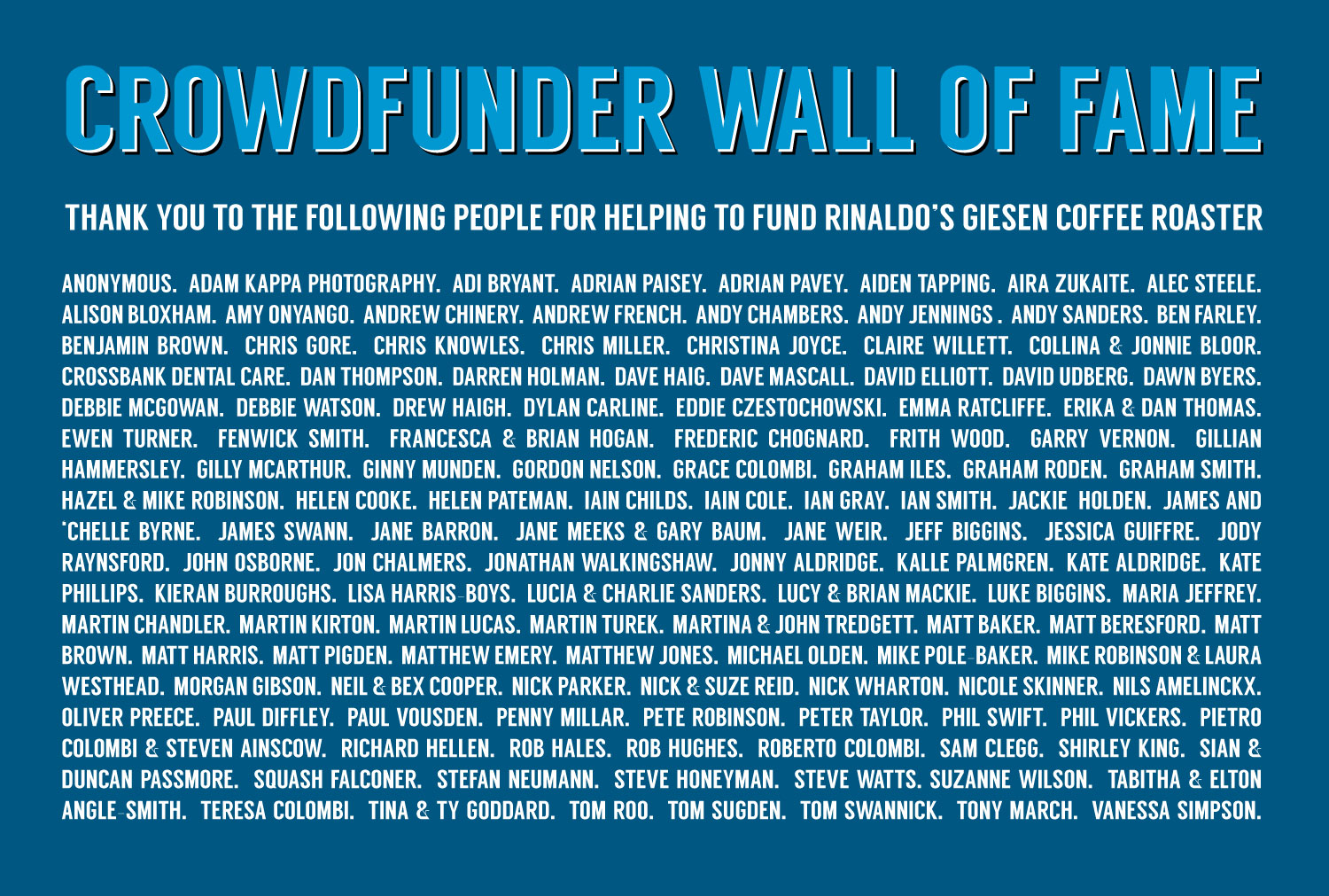 Rinaldo's Crowdfunder Wall of Fame