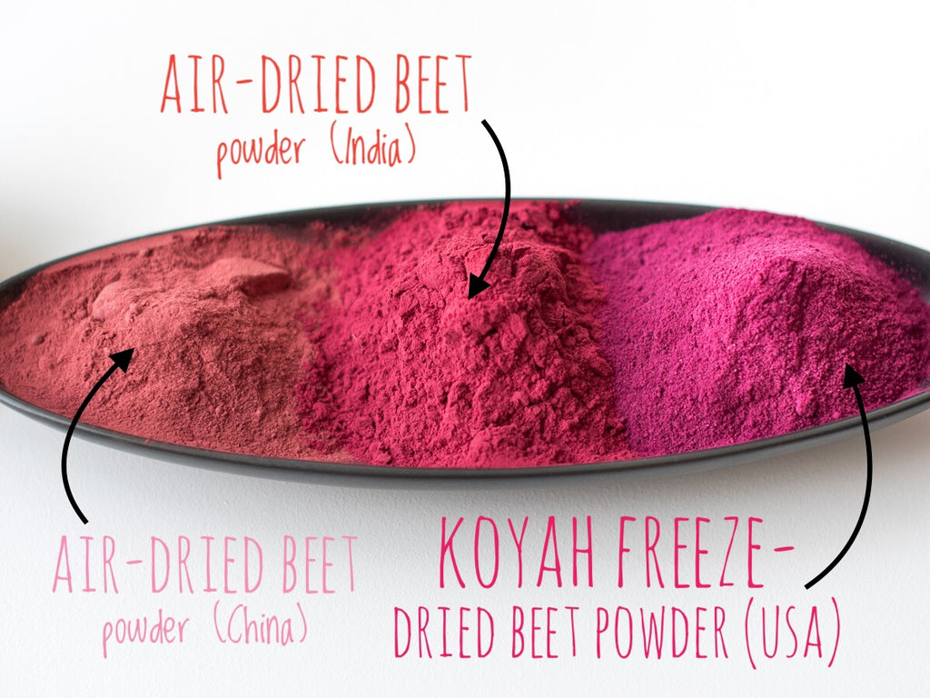 KOYAH Organic Freeze-dried USA Beet powder compared to Air Dried Beet powders