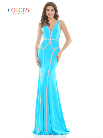 Colors 2696 Long Fitted Crystal Embellished V Neck Prom Dress Pageant Gown Colors: Red, Hot Pink, Turquoise Sizes: 0-22