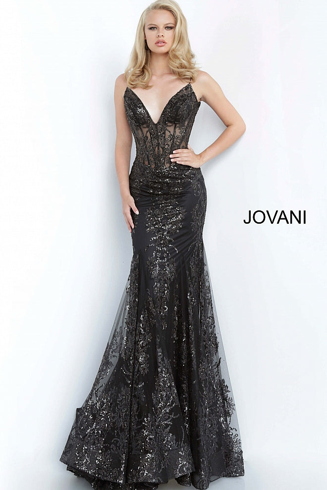 Jovani 3675 Prom Dress 2020 Sheer Corset Shimmer Mermaid Pageant Gown Glass Slipper Formals