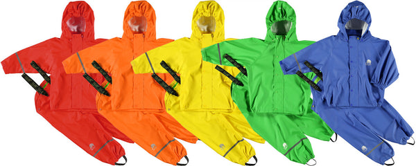 rainbow of raingear waterproof outdoor gear for children from US Biddle and Bop