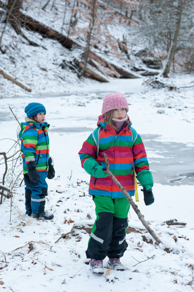 Kids at frozen river in villervalla winter gear from US biddleandbop.com