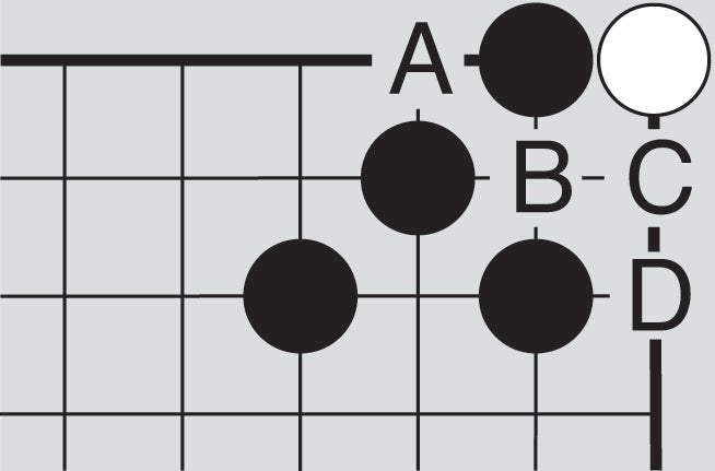 Dia. 19 - A portion of a Go board with 4 black stones and a white stone