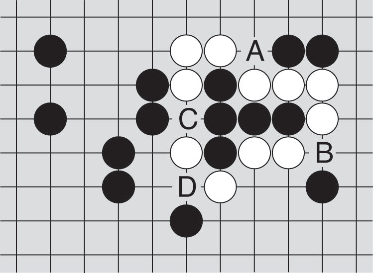 Dia. 28 - A portion of a Go board with 15 black stones and 11 white stones