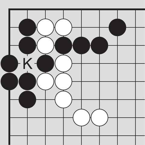 Dia. 1 - A portion of a Go board with 11 black stones and 9 white stones