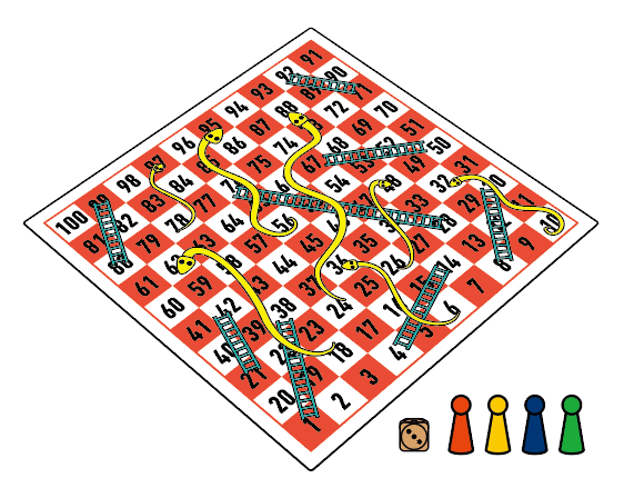 Game equipment includes the Snakes and Ladders board, a dice and playing pieces.