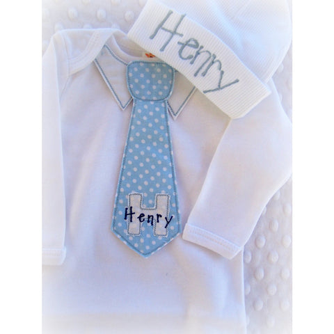 Personalized Coming Home Oufit, Take Home Outfit, Layette Gown or bodysuit and Hat Set, Boys Coming Home Outfit, boys tie outfit, - Jennifer Noel Designs