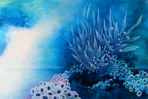 60 x 90 cm abstract painting Blue turquoise white seaweed and barnacle inspired created by Australian Artist Rebecca Coulter