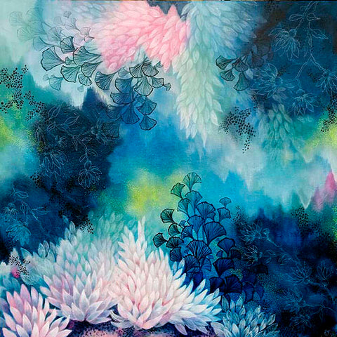 Blue Pink white and yellow magical realism underwater reef painting created by Rebecca Coulter 