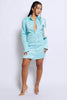 Aqua Button Down Cuffed Satin Shirt Dress