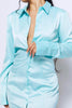 Aqua Button Down Cuffed Satin Shirt Dress