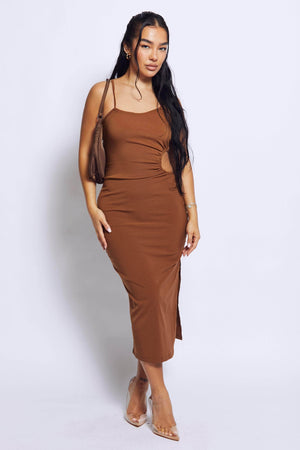 Brown Midi Strappy Split Dress with Cut Out Detail