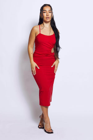 Red Midi Strappy Split Dress with Cut Out Detail