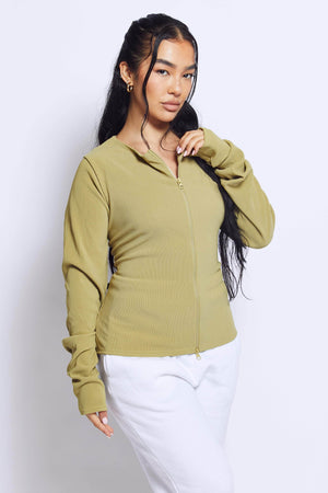 Plus+ Olive Green Ribbed Zip Front Long Sleeve Top