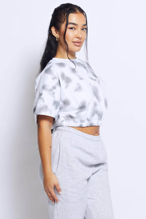 Grey Tie Dye Short Sleeve Cropped Jumper