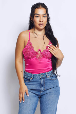 Fuchsia Pink Satin V cup Lace Bodysuit