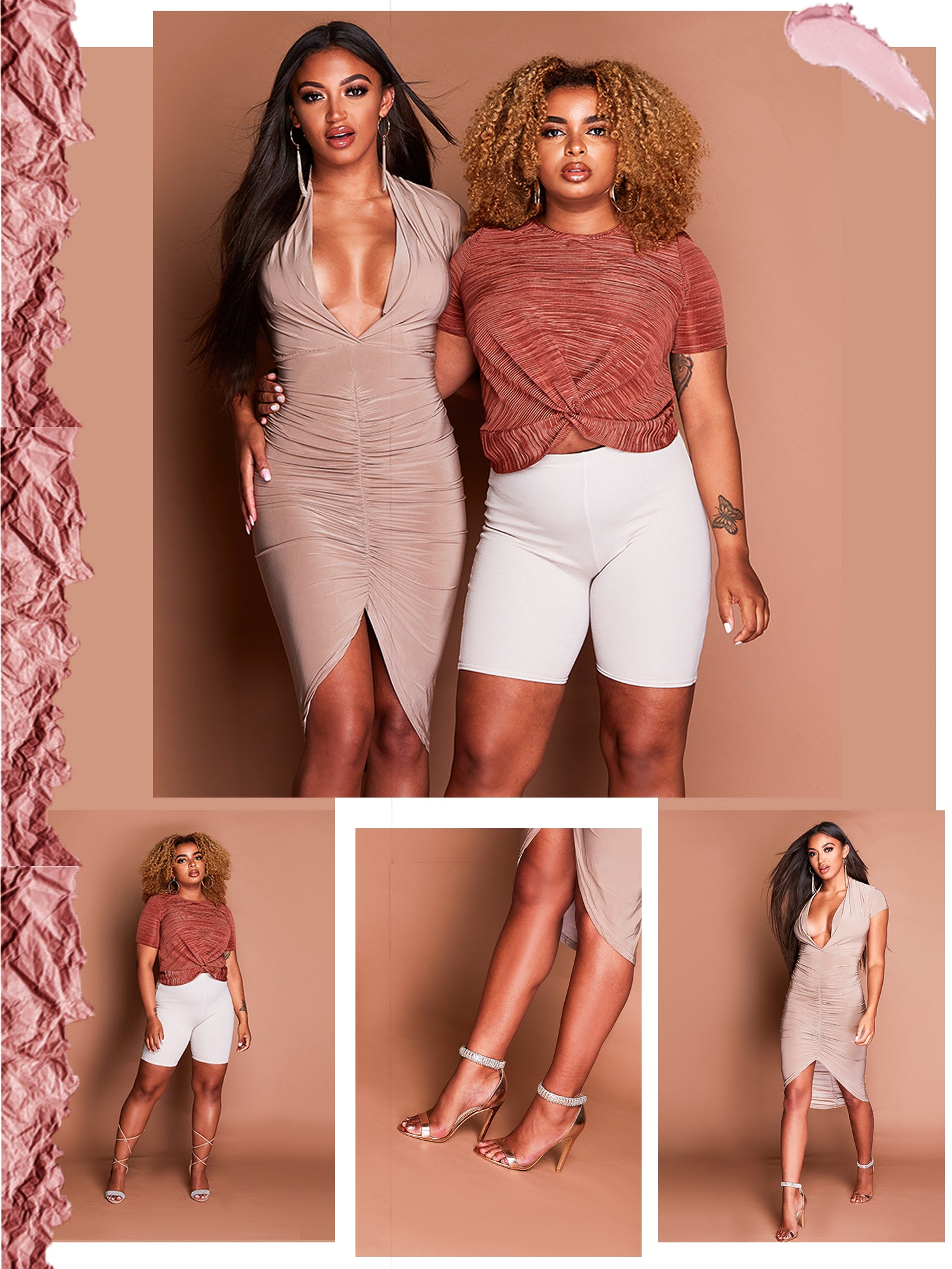 Mocha Plunge Slinky Ruched Bodycon Dress and Rose Front Twist Top 