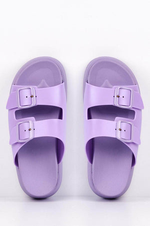 Lilac Double Buckle Flatform Sliders