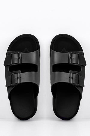 Black Double Buckle Flatform Sliders