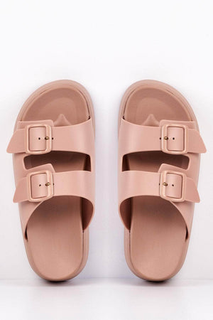 Nude Double Buckle Flatform Sliders