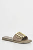 Matte Khaki Synthetic Sliders with Gold Buckle