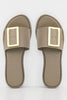 Matte Khaki Synthetic Sliders with Gold Buckle