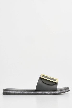 Matte Black Synthetic Sliders with Gold Buckle