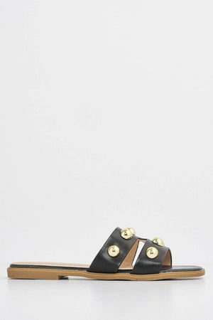 Black Pu Cut Out Sliders with Gold Embellishments