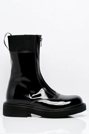 Black Patent Zip Front Chunky Biker Boots