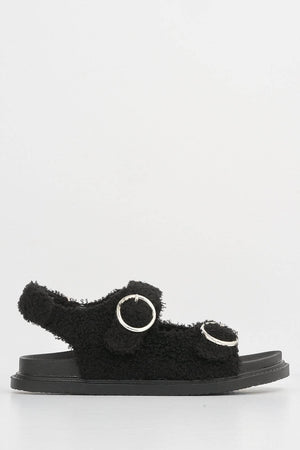 Black Teddy Fur Velcro Flat Sandals