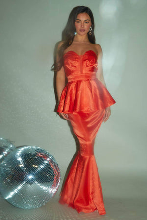 Orange Silk Bandeau Ruffle Fishtail Dress