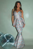 Powder Blue Brocade Bandeau Ruffle Fishtail Dress