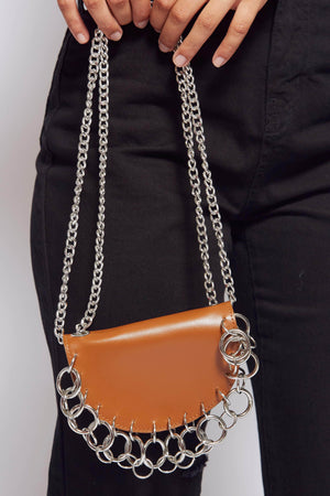 Brown Pu Semi Circle Bag with Silver Chains