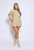 Beige Denim Cinched Waist Buttoned Mini Dress