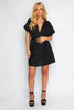 Black Linen V Neck Shirt Sleeve Mini Dress