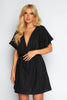 Black Linen V Neck Shirt Sleeve Mini Dress