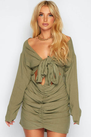 Khaki Linen Bardot Tie Front Mini Dress