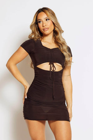 Brown Slinky Short Sleeve Cut Out Ruched Mini Dress