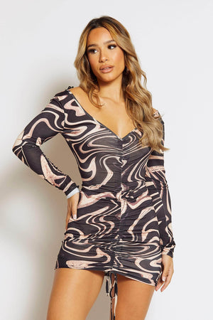 Black Abstract Plunge Slinky Ruched Dress
