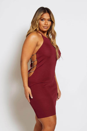 Wine Rib Metal Cut Out Detail Midi Dress