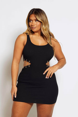 Black Ribbed Midi Dress with Gold Chain Cut Outs