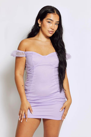 Lilac Mesh Mini Dress with Ruched Detail & Puff Sleeves